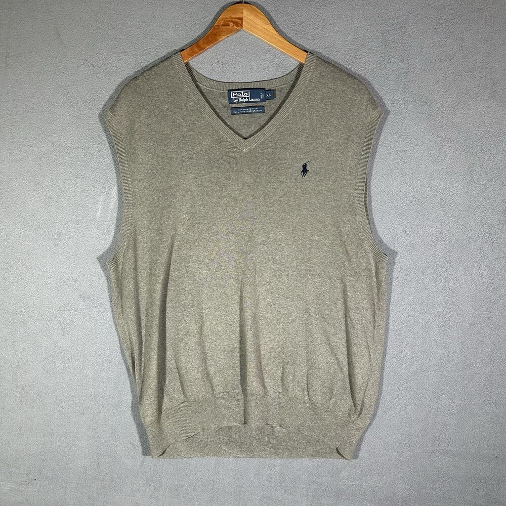 Polo Ralph Lauren Mens Sweater Vest XL Tan Biege V-Neck Pima Cotton